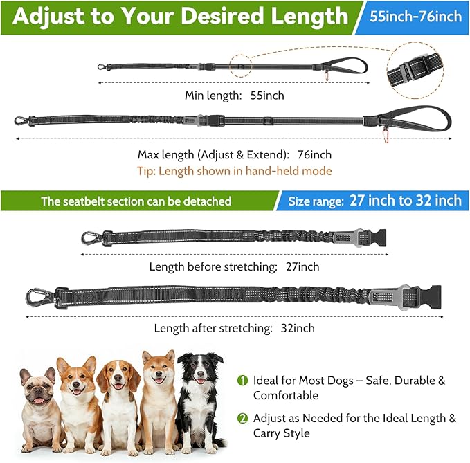 Hands Free Dog Leash 4-in-1, Adjustable 4–6 ft Waist & Crossbody Leash with Seat Belt Clip & Poop Bag Holder, Reflective & Heavy-Duty for Running, Walking, Hiking, Training