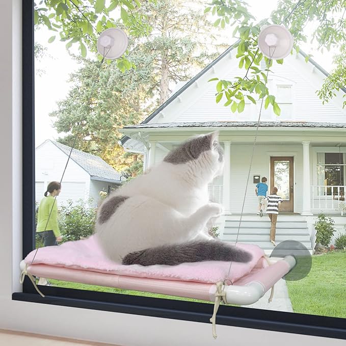 ZALALOVA Cat Window Perch, Pink Cat Hammock Window Seat Free Fleece Blanket for Female 2026 Latest Screw Suction Cups Extra Large Sturdy Bed Resting Indoors (One Extra Suction Cup)