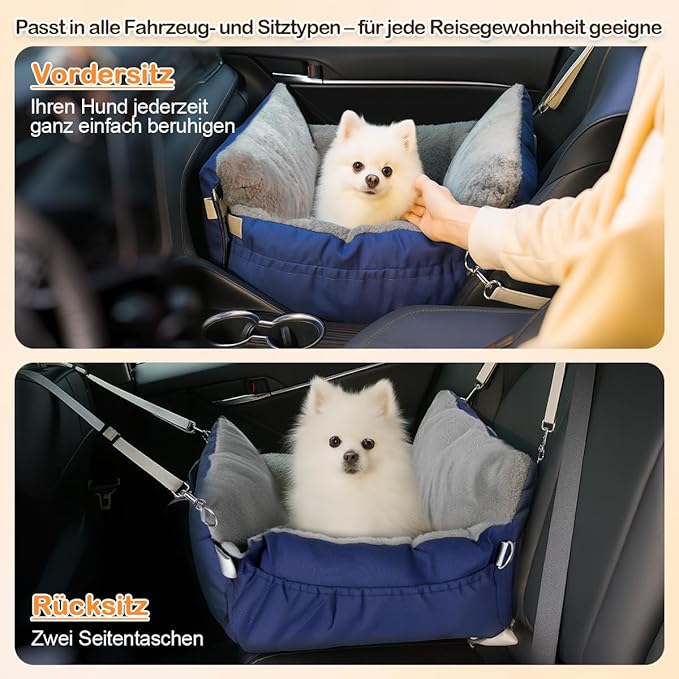 SIVES Dog Car Seat for Small Dogs, Soft Booster Seat Travel Bed with Side Flaps, Non-Slip Base, Seat Belt Straps + Safety Tether, Storage Pocket, Washable Cushion, Recommended Up to 33 lbs, Blue
