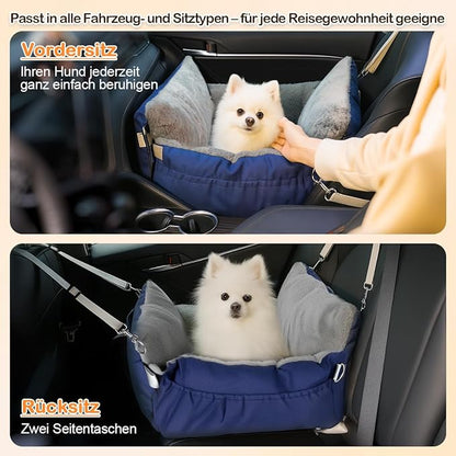 SIVES Dog Car Seat for Small Dogs, Soft Booster Seat Travel Bed with Side Flaps, Non-Slip Base, Seat Belt Straps + Safety Tether, Storage Pocket, Washable Cushion, Recommended Up to 33 lbs, Blue