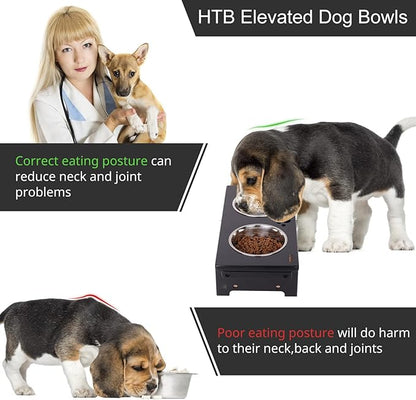 HTB Elevated Dog Bowls, Raised Dog Bowl Stand with 2 Stainless Steel Bowls, Elevated Raised Dog Bowls for Large Medium Small Sized Dogs- Black Small