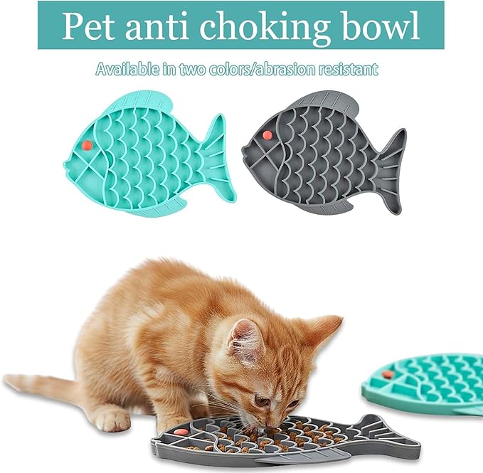 2 Pack Slow Feeder Cat Bowls – Fish-Shaped Silicone Puzzle Feeders for Cats & Small Dogs, Non-Slip Lick Mat for Healthy Eating, Boredom & Anxiety Relief (Blue and Gray)
