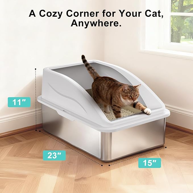 2 Pack Stainless Steel Litter Box | XL Enclosed Cat Litter Boxes with Lid for Big Cats and Multi-Cats | High Sided, Anti-Urine Leakage | Non-Stick Bottom（Silver Gray）