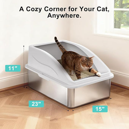 2 Pack Stainless Steel Litter Box | XL Enclosed Cat Litter Boxes with Lid for Big Cats and Multi-Cats | High Sided, Anti-Urine Leakage | Non-Stick Bottom（Silver Gray）