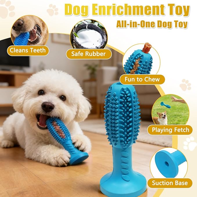 Dog Chew Toys, Interactive Suction Cup Toothbrush Chew Toy for Puppy Teething, Rubber Teeth Cleaning Stick with Treat Holder for Small and Medium Dogs (Blue)