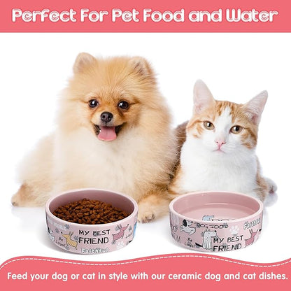 Maxcheck 2 Pcs 5 Inch Ceramic Dog Bowls Dishes for Small Dogs Cute Cartoon Pattern Puppy Cat Bowls Heavy Food Water Dishes for Pets Feeding Travel, Dishwasher Safe Microwave Safe(Pink)