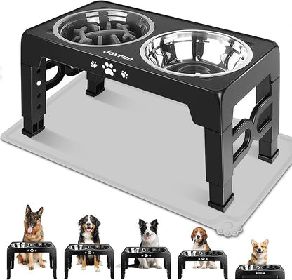 Elevated Dog Bowls for Medium Size Dogs with Mat, Non-Slip Dog Feeder with 1*Stainless Steel Dishes & 1*Slow Feeder Bowl, 5 Heights Adjustable Raised Bowls for 3.15″-8.66″-9.84″-11.02″-12.2″
