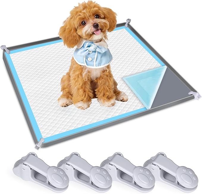 Dog Pee Pad Holder, Dog Potty Tray Silicone Puppy Pad Holder Tray Fits for 27" x 27" Training Pads, Puppy Potty Tray with 4 Clamps No Spill Raised Lip High Edge for Floor Protection (Dark Grey)