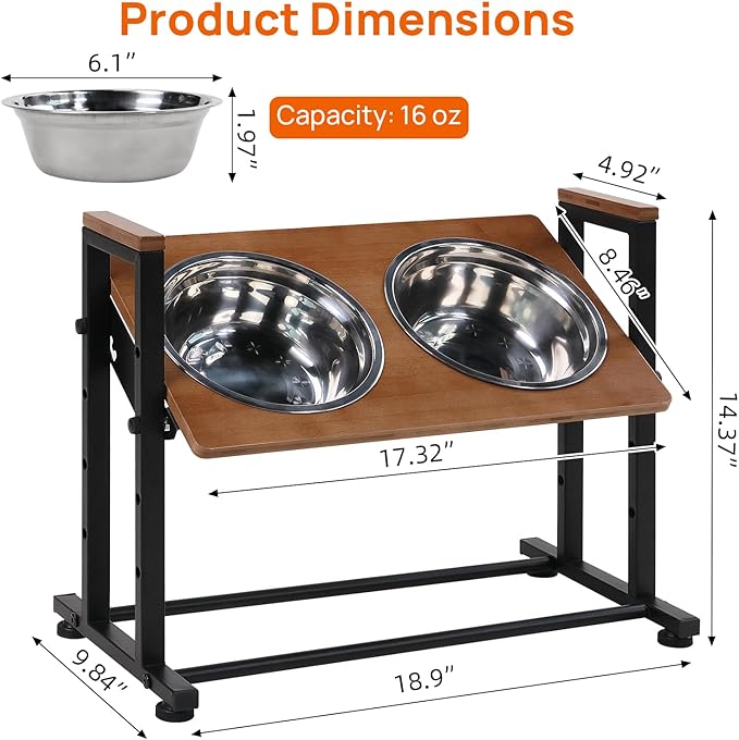 Adjustable Height Pet Feeder Stand with 2 Dishwasher-Safe Stainless Steel Bowls – Brown Wood Top & Black Metal Frame Elevated Food/Water Station for Dogs/Cats Under 100LBS