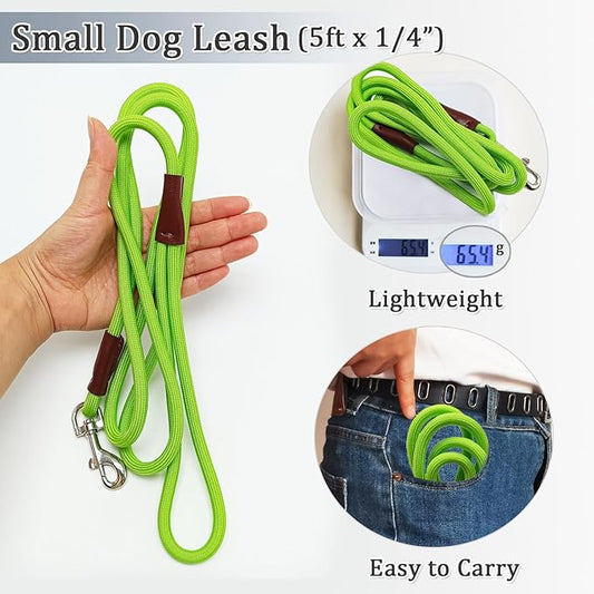 WYuZe 5ft Puppy/Dog Leash for Small Dogs, 1/4" Thin Rope Dog Leash with Easy to Use Hook, Lightweight Pet Leashes for Chihuahua/Yorkie/Tiny Breed/Cats, 10+ Colors, Green