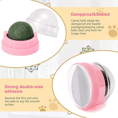3 Pack Catnip Balls, Catnip Ball for Cats Wall, Edible Kitty Toys for Cats Lick, Safe Healthy Kitten Chew Toys, Teeth Cleaning Dental Cat Toys, Cat Wall Treats (1, Pink)