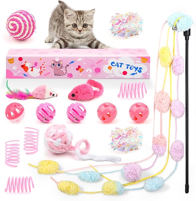 16Pcs Cat Toy Set Pink Kitten Toys Pack Including Feather Teaser Interactive Wand Cat Springs Mice Crinkle Balls and Pet Bell Balls Toys for Bored Indoor Cats, Gift Box Styles (Pink)