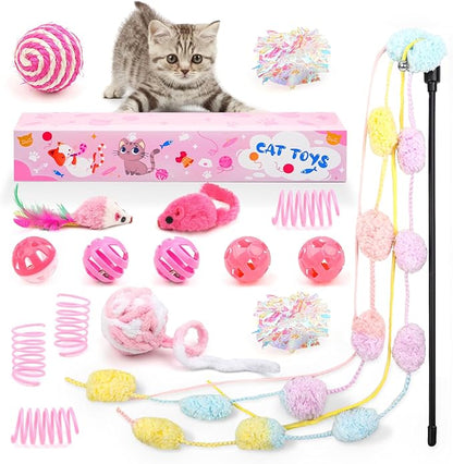 16Pcs Cat Toy Set Pink Kitten Toys Pack Including Feather Teaser Interactive Wand Cat Springs Mice Crinkle Balls and Pet Bell Balls Toys for Bored Indoor Cats, Gift Box Styles (Pink)