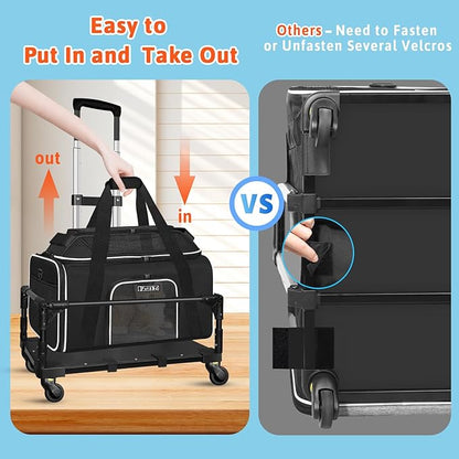 Petskd Top-Expandable Small Pet Carrier with Wheels (17" L x 12" W x 8.5" H), JetBlue/Allegiant/Spirit Airlines Approved, Rolling Pet Carrier for Small Dogs & Cats (Black)