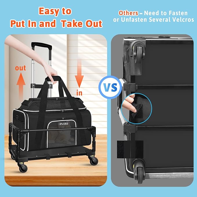 Petskd Top-Expandable Small Pet Carrier with Wheels (17" L x 11" W x 9.5" H), Alaska Airlines Approved, Rolling Pet Carrier for Small Dogs & Cats (Black)