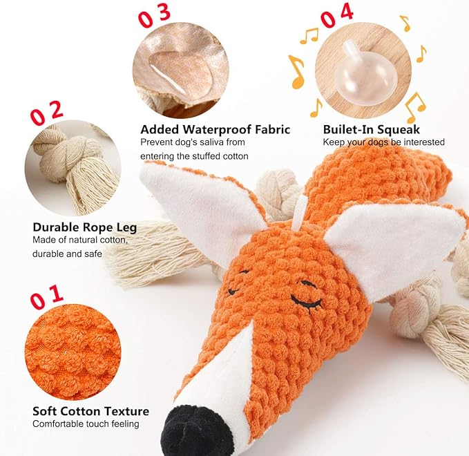Cute Squeaky Dog Toy, Stuffed Plush Toy for Puppies, Durable Dog Chew Toy for Small, Middle, Large Breed (Orange Fox)
