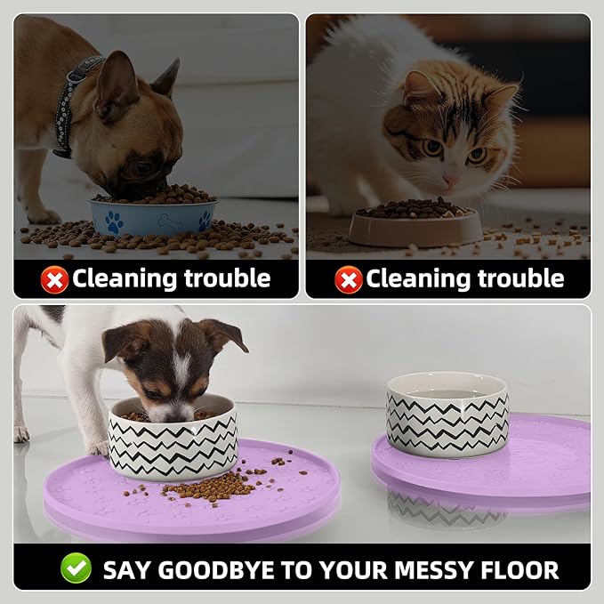 Comtim Waterproof Dog Food Mat - 2 Pack Silicone Pet Food Mat Dog Food Bowl Mats Cat Water Mats Eating Tray, Non-Slip Pet Placemat with Lip for Messy Drinkers to Protect Floor, Lavender 11"×11"