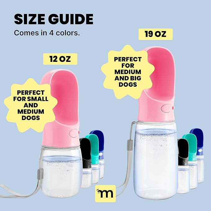 MalsiPree Leak-Proof Portable Dog Water Bottle for Travel - 19 oz, with Pink Bowl - Food Grade Plastic - Dog Bowls - Puppy Essentials - Pet Water Bottle