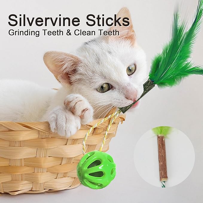 3-in-1 Cat Toy Balls with Feather, Silvervine Stick and Inside Bell, Colorful Lattice Interactive Bell Balls for Indoor Cats and Kittens, Cat Teeth Cleaning Toys, 6 Pcs