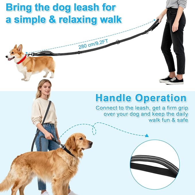 ETACCU Hands Free Dog Leash, Multifunctional Crossbody Dog Leash with Adjustable Length 6-9FT, Tangle Free Reflective Waist Leashs for Medium and Large Dogs