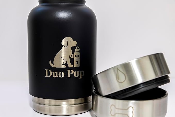 DuoPup 32oz Insulated Stainless Steel Pet Water & Food Bottle – Portable Leak-Resistant Dispenser with Two Detachable Bowls & Carrying Strap – Travel, Hiking & Outdoor Pet Hydration – White