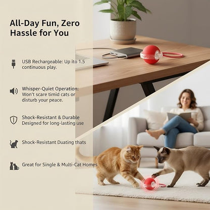 JBD Interactive Cat Toy Ball for Indoor Cats - Silent Automatic Rolling & Self Moving Electric Kitten Toys, USB Rechargeable Smart Ball with Tail, Motion Activated Hunting Exercise for Bored Cats Red