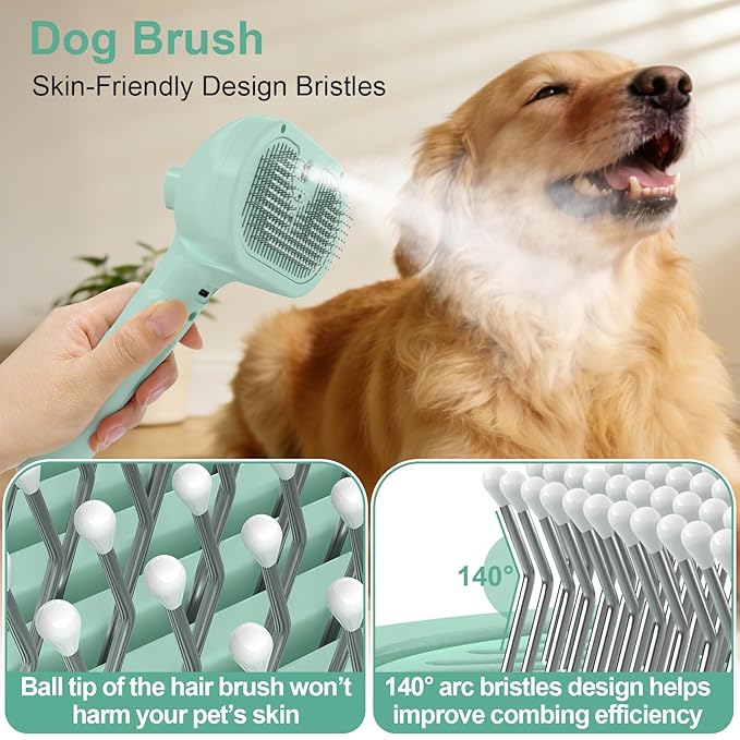 Dog Brush Cat Brushes for Shedding,Pet Steam Brush for Dogs Cats Spray Hair Removal Comb Steam Grooming for Long Short Haired Pets,Anti-Static Self Cleaning Grooming Tool Removes Loose Hair,green