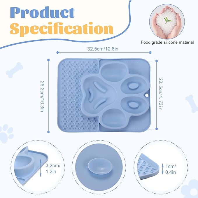 Silicone Slow Feeder Dog Bowls & Cat Bowls, 2 Cups Small Pet Food Bowl with Non-Slip Suction Base, Food-Grade Safe Puzzle Feeder for Small & Medium Dogs & Indoor Cats (Paw Lick Mat (Blue))