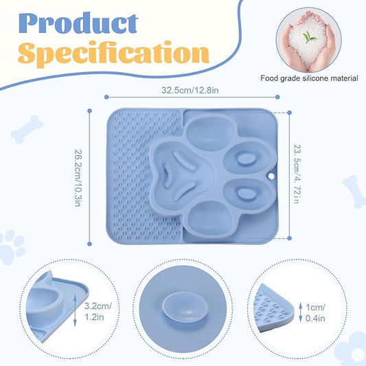 Silicone Slow Feeder Dog Bowls & Cat Bowls, 2 Cups Small Pet Food Bowl with Non-Slip Suction Base, Food-Grade Safe Puzzle Feeder for Small & Medium Dogs & Indoor Cats (Paw Lick Mat (Blue))