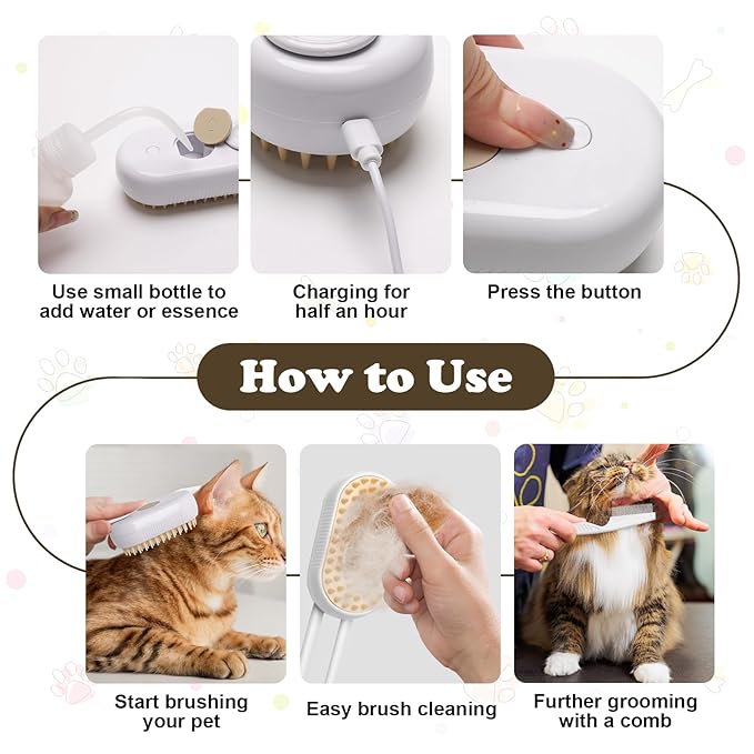 3-in-1 Cat Steam Brush for Shedding, Massaging & Grooming, Rechargeable, Misty Brush for Cats & Dogs, White, 3 Count