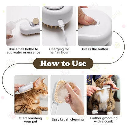3-in-1 Cat Steam Brush for Shedding, Massaging & Grooming, Rechargeable, Misty Brush for Cats & Dogs, White, 3 Count