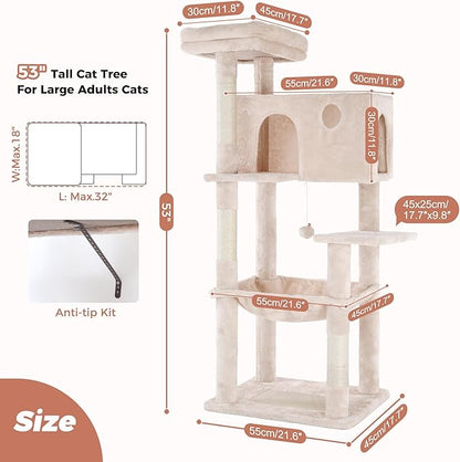 54” Cat Tree with Big Hammock 21x17” XL Cat Tower with Scratching Posts Featuring Large Top Bed, Scratcher Pad, Spacious Condo House and Detectable Ball for Indoor Cats-Large Beige