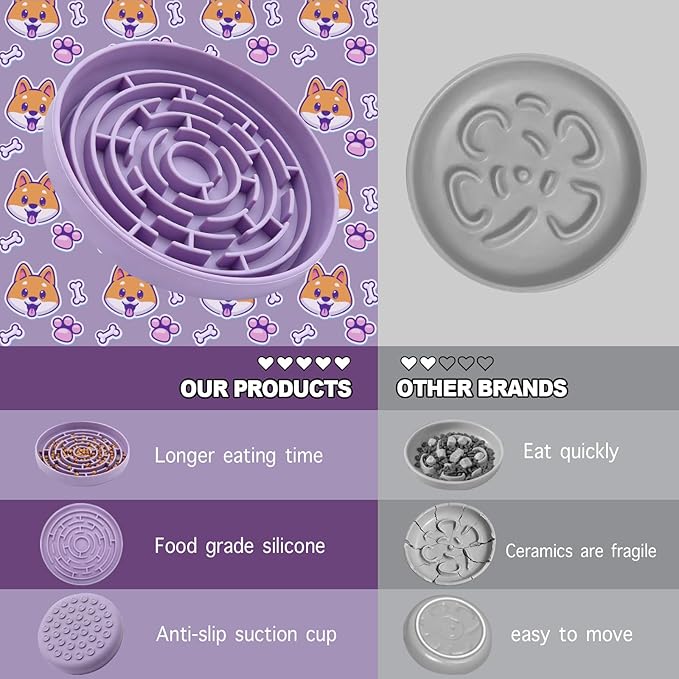 Silicone Slow Feeder Bowl, with Non-Slip Suction Cups, Anti-Choking, Puppy Puzzle Bowl, Slows Down Eating Speed, Relieves Anxiety, Suitable for S&M Sized Dogs and Cats(Purple)