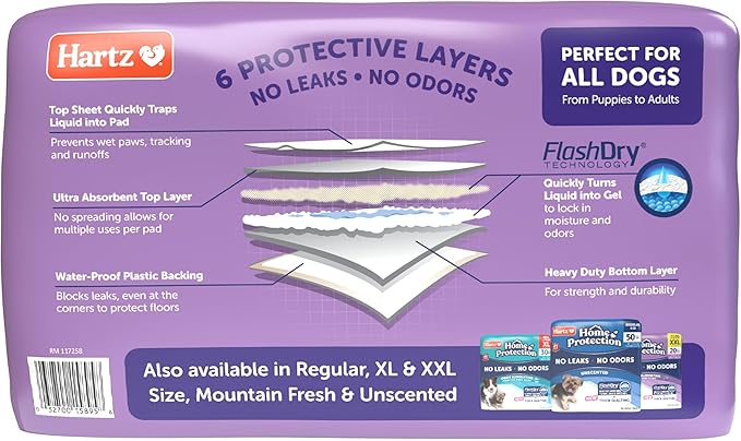 Hartz Home Protection Super Absorbent Odor Eliminating Lavender Scented No Leak Dog Pads, 3XL 30 Count