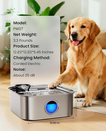 oneisall Dog Water Fountain for Large Dogs, 10L/2.6Gal Stainless Steel Automatic Dog Water Bowl Dispenser with Deeper, Wider Drinking Area, Water Window & Triple Filtration for Large Dogs & Multi-Pet