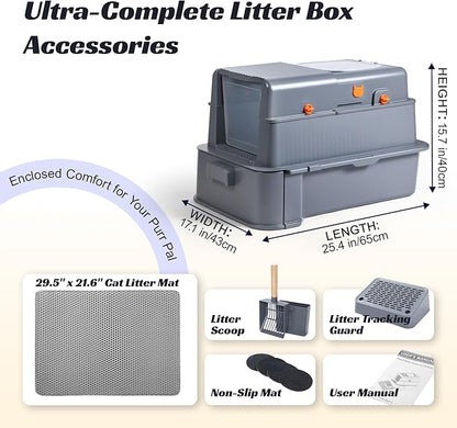 Stainless Steel Enclosed Cat Litter Box with Lid and Mat, Extra Large Kitty Litter Box with Drawer, Front & Top Entry Metal Cat Box for Big Cats, Odor Control, Easy to Clean, Grey