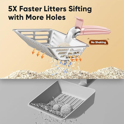 Metal Cat Litter Scoop, Large Cat Scooper with Deep Shovel & Dual Sifting Holes for Fast & Precise Sifting, Space Aluminum Kitty Litter Scooper with Long Handle & Easy-to-Hang Hook - Pink