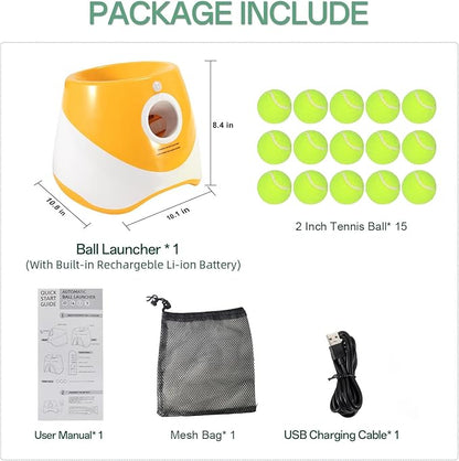 Automatic Dog Ball Launcher, Dog Ball Thrower with 15 Mini Tennis Balls Sizing 2 Inch and Mesh Bag, Interactive Dogs Toys Tennis Balls Launcher for Small Dogs with 3 Distance Settings
