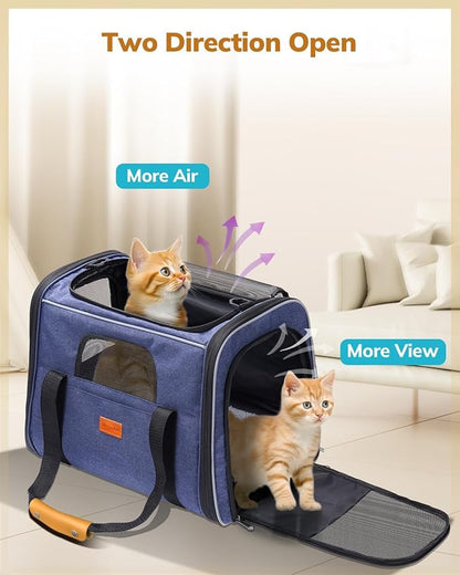 Morpilot Pet Travel Carrier Bag, Soft-Sided Dog Carrier Cat Carrier Pet Carrier, for Large Cats and Medium Puppies up to 25lbs, with Locking Safety Zippers, Foldable Bowl (Dark Blue)