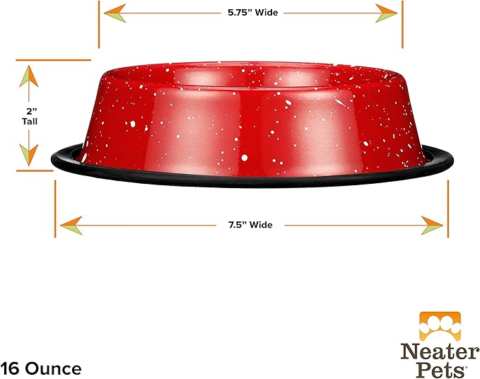 Neater Pet Brands - Outdoor Camping Style Pet Bowl - Enamel Ware Blue Black Granite Colors - Dog Cat No Tip Skid Bowls (16 oz, Red)