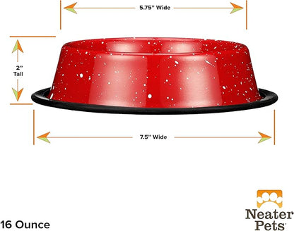 Neater Pet Brands - Outdoor Camping Style Pet Bowl - Enamel Ware Blue Black Granite Colors - Dog Cat No Tip Skid Bowls (16 oz, Red)