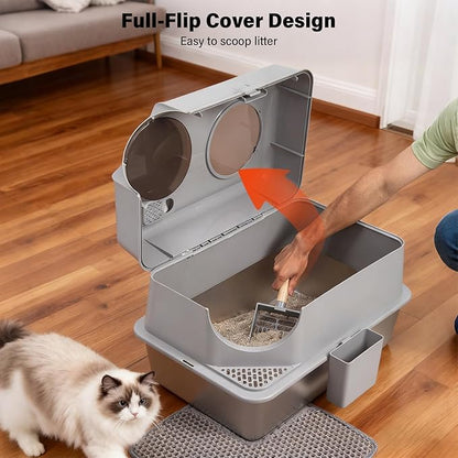 Stainless Steel Litter Box with Lid, Extra Large Enclosed Cat Litter Box for Big Cats, Metal Cat Box with High Sided Enclosure & Scoop, Front & Top Entry, Odor Free, Anti-Leakage, Grey