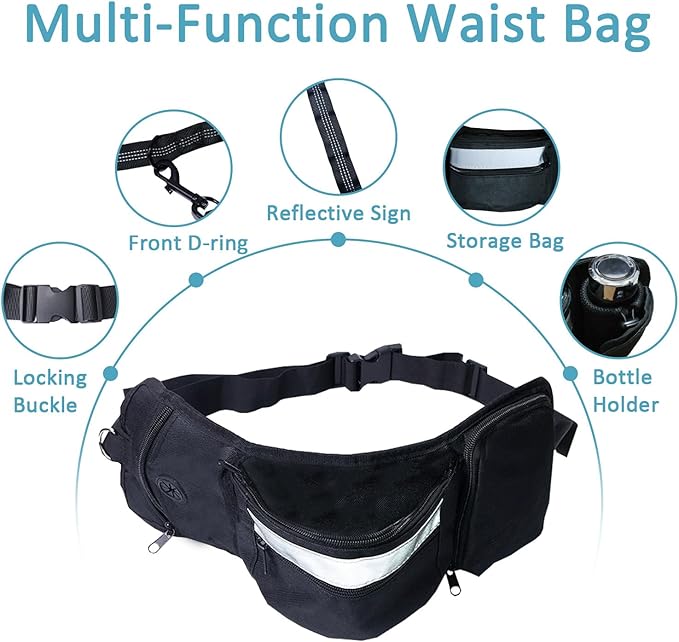 Hands Free Dog Leash, Heavy Duty Waist Leash with Zipper Pouch for Dog Walking, Jogging, Hiking, Adjustable Waist Belt with Pack Retractable Rope,Running Leashes for Medium & Large Dogs