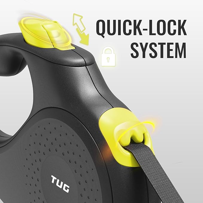 TUG 360° Tangle-Free Retractable Dog Leash | 16 ft Strong Nylon Tape (Small, Black/Yellow)