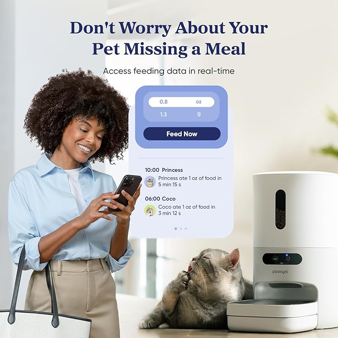 Pawsync Automatic Cat Feeder, WiFi Smart Scale Tracks Pet's Food Intake, App Control, 3.6L Timed Food Dispenser for Cats and Dogs, Up to 10 Meals Per Day, Stainless Steel Bowl, Dual Power Supply