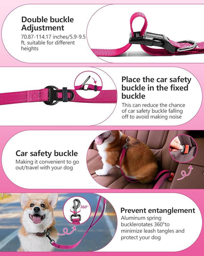 Hands Free Dog Leash & Car Seatbelt, 5.9-9.5ft Crossbody Dog Belt with Dual Soft Handles, Shock-Absorbing, 360° Clip, Reflective Design for Walking, Running, Hiking, Travel. (Rosered)