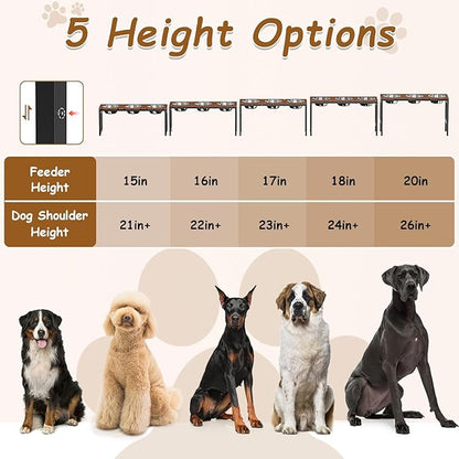 Elevated Dog Bowls Large Breed,Adjustable Raised Dog Bowl Stand,Stainless Steel 3 Bowl Dogs Feeding Station,12.5cup/101oz Each Food Water Bowl(Iron Holder,Wooden Platform,Grained Oak)