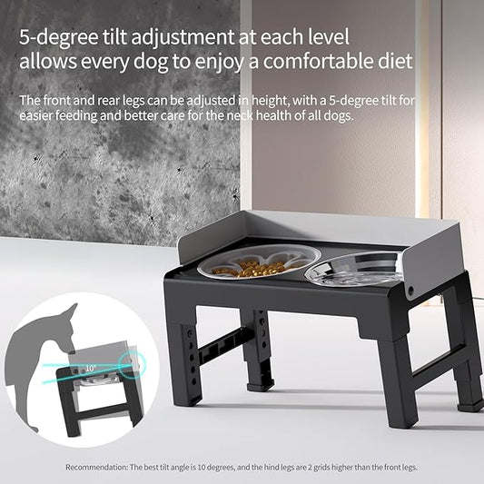 PAKEWAY Elevated Dog Bowls, Spill Proof, Tiltable Dog Feeder with 1 Slow Feeder Bowl &1 Stainless Steel Bowl, 6 Height Adjustable Raised Dog Bowls Stand for Medium Large Dogs