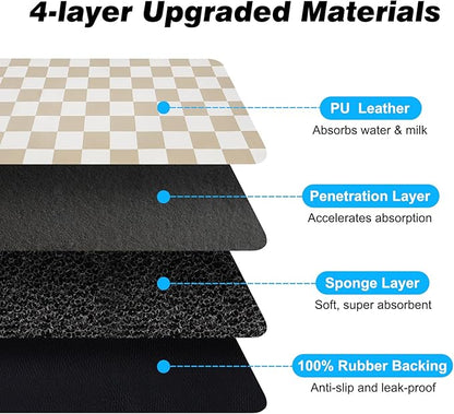 Checkered Dog Food Mat, Absorbent Leak-Proof Pet Feeding Mat, Quick Dry Cat Food Mat for Messy Drinkers 16" x 24" Khaki