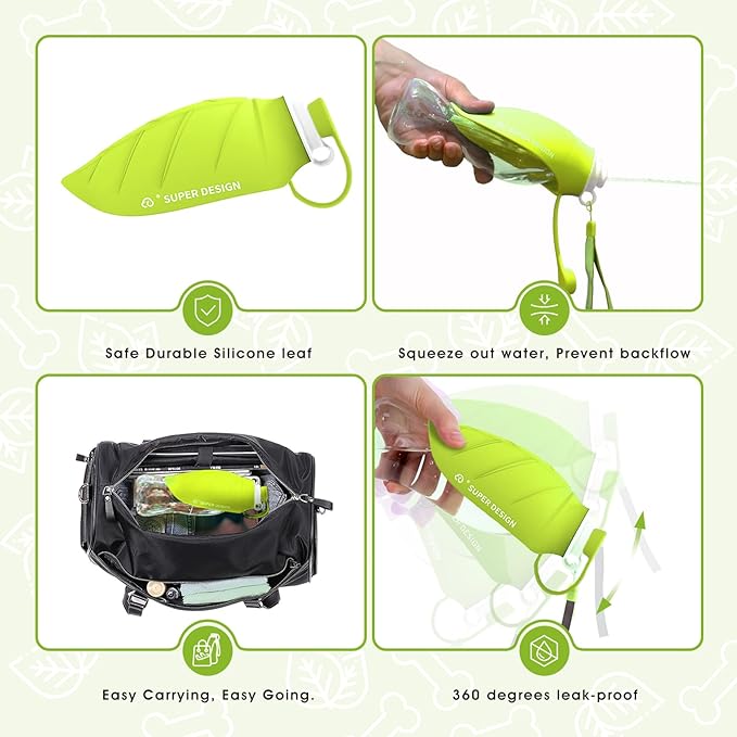 SUPERDESIGN Dog Water Bottle, Portable Dog Water Bottle for Small to Large Dogs, Leak Proof Dog Travel Water Bottle, Small Leaf Travel Water Bowl for Dogs and Dog Walking Accessories (19.6OZ, Green)